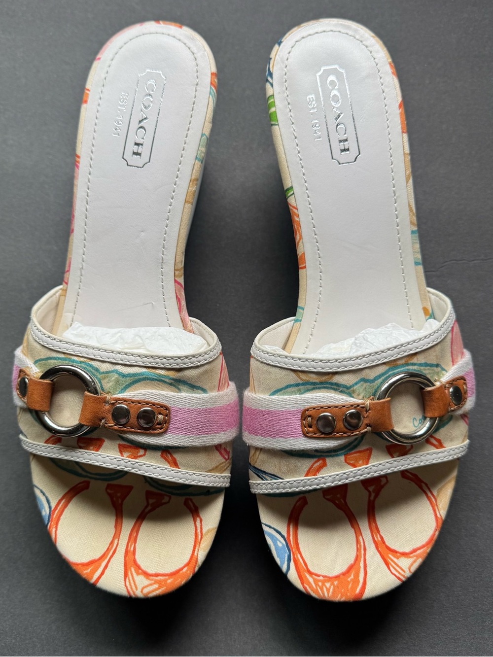 Coach Fionah Multicolor Canvas Slide Mules with Pink & Orange Accents size 9.5M
